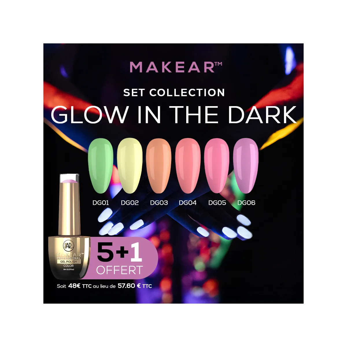 Set Gel Polish Glow in the Dark (5+1) Makear